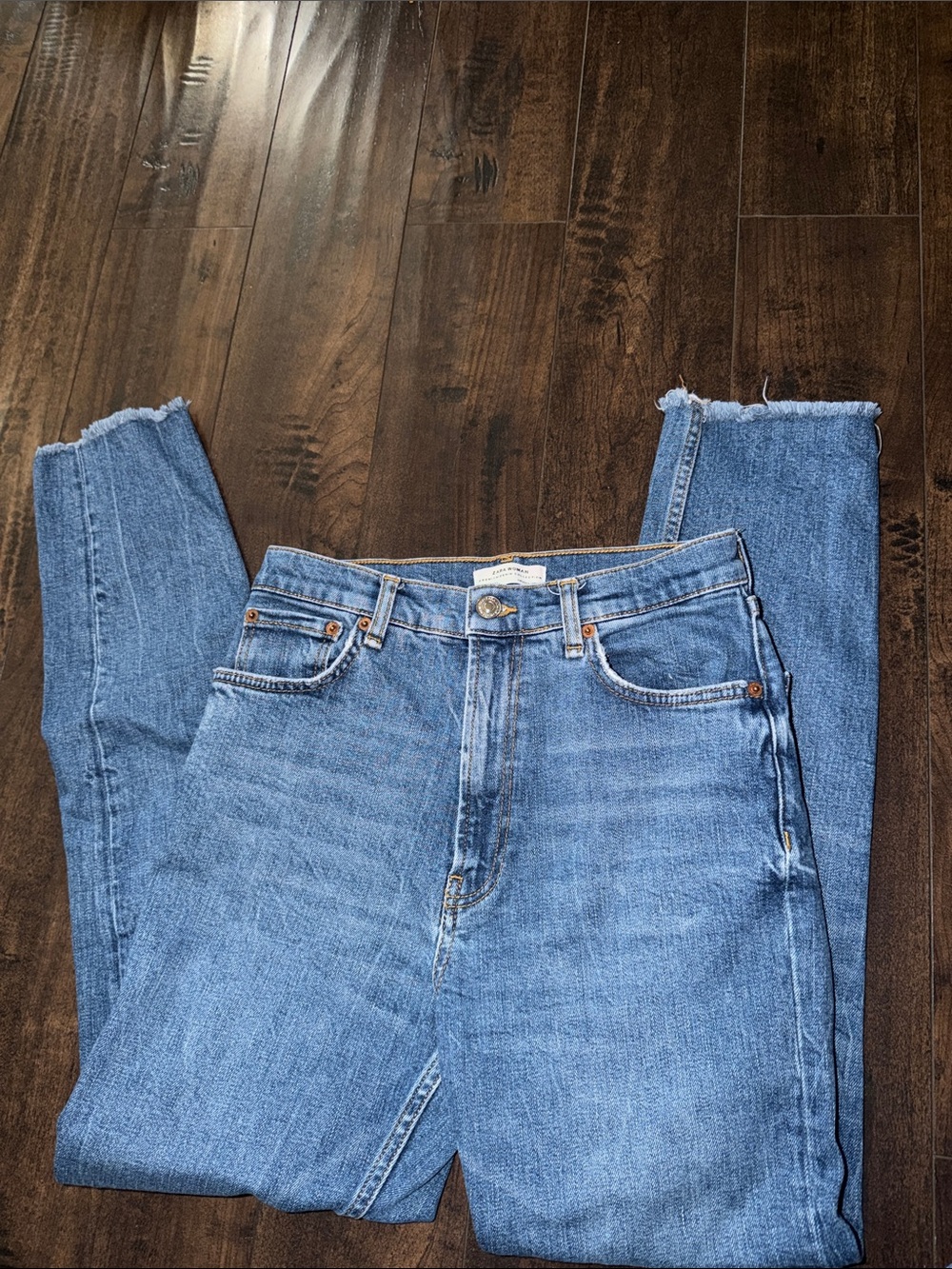 Zara Light Blue High-Rise Straight Jeans with Frayed Hem